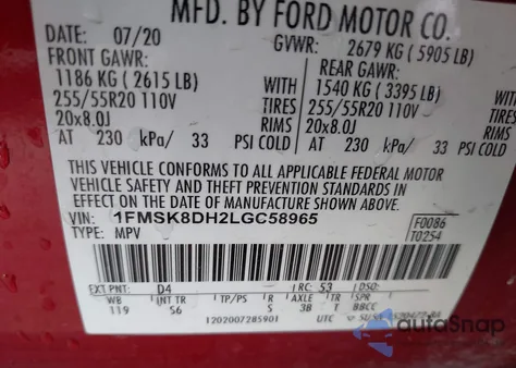 2020 Ford Explorer Xlt z USA, uszkodzony, nr VIN 1FMSK8DH2LGC58965